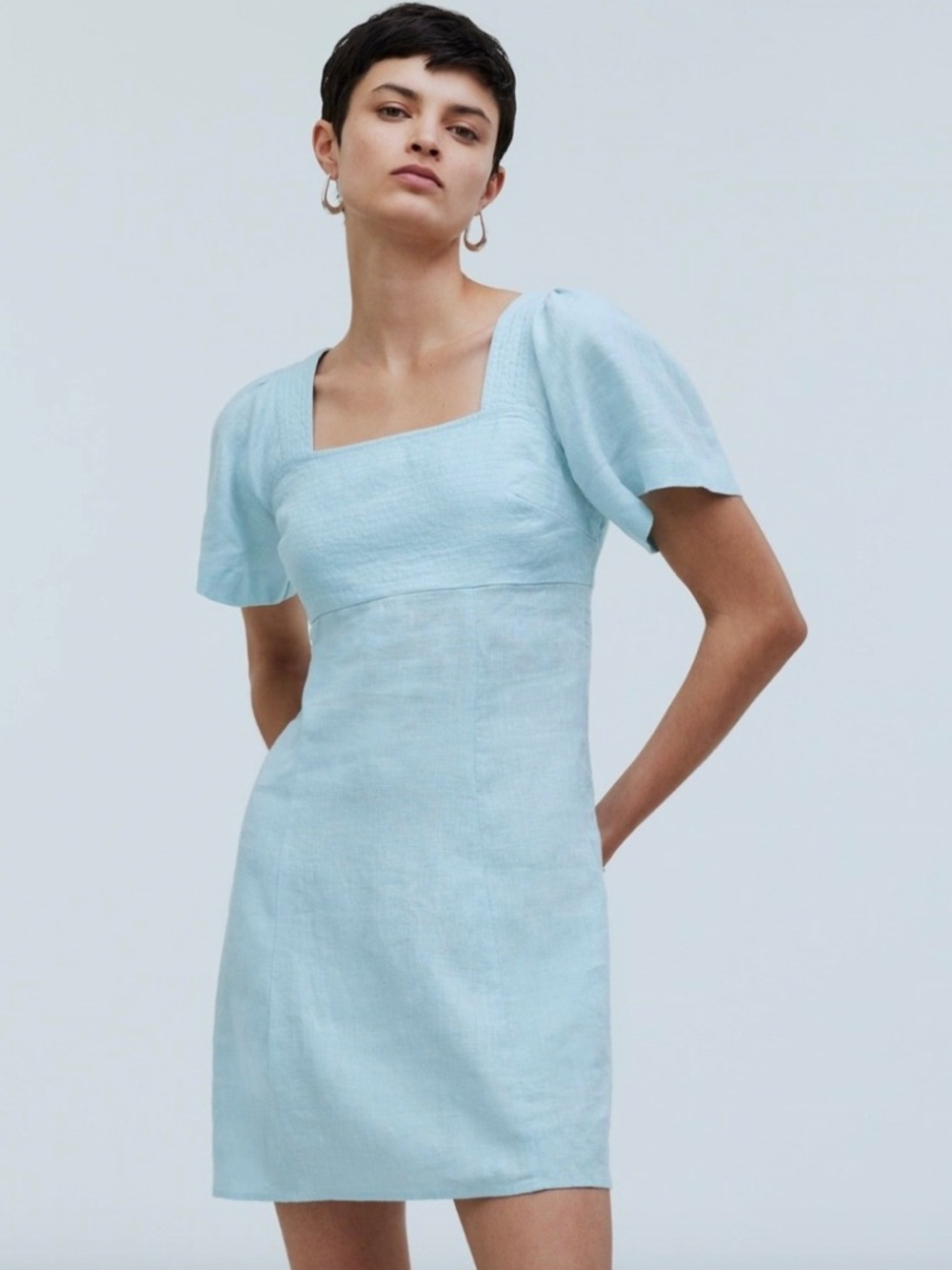 Madewell Square-Neck Mini Dress in 100% Linen Blue Heron